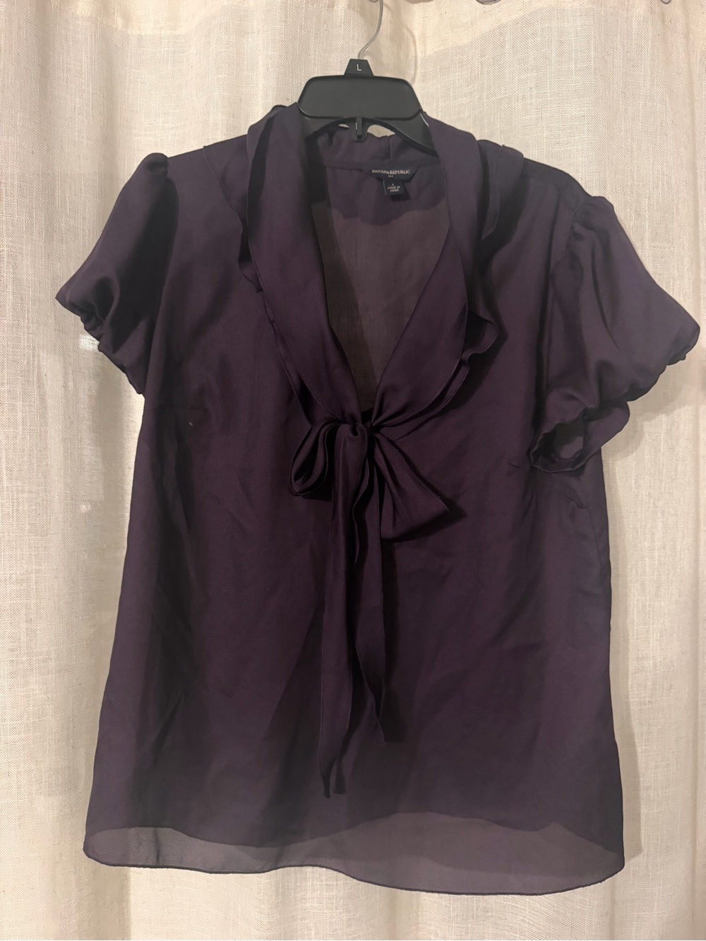 Banana Republic Deep Plum Tie-Neck Short Sleeve Blouse